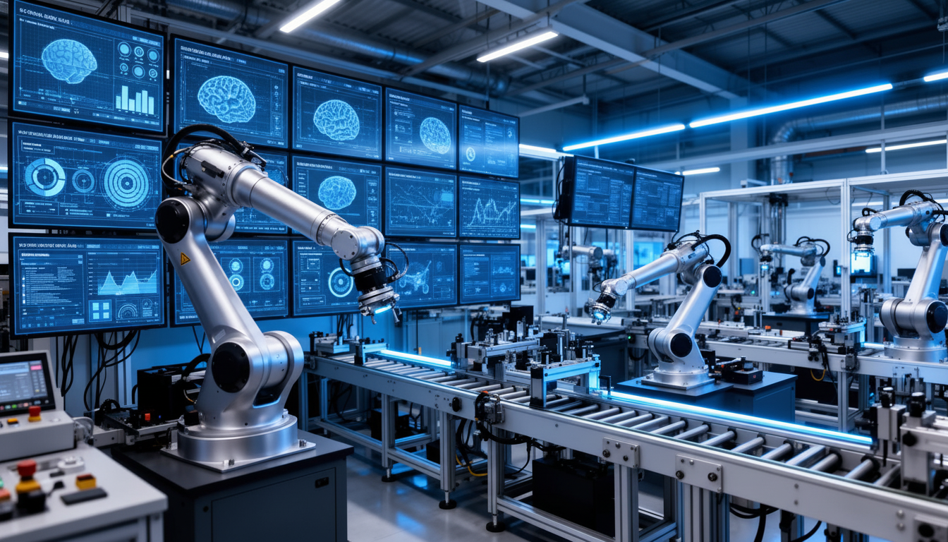 Automatización con IA - robot industrial con interfaces de inteligencia artificial